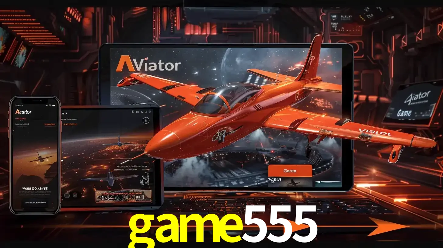 Apresentação tecnológica do jogo Aviator com um avião saindo da tela de um tablet, demonstrando a experiência imersiva em múltiplos dispositivos no game555.