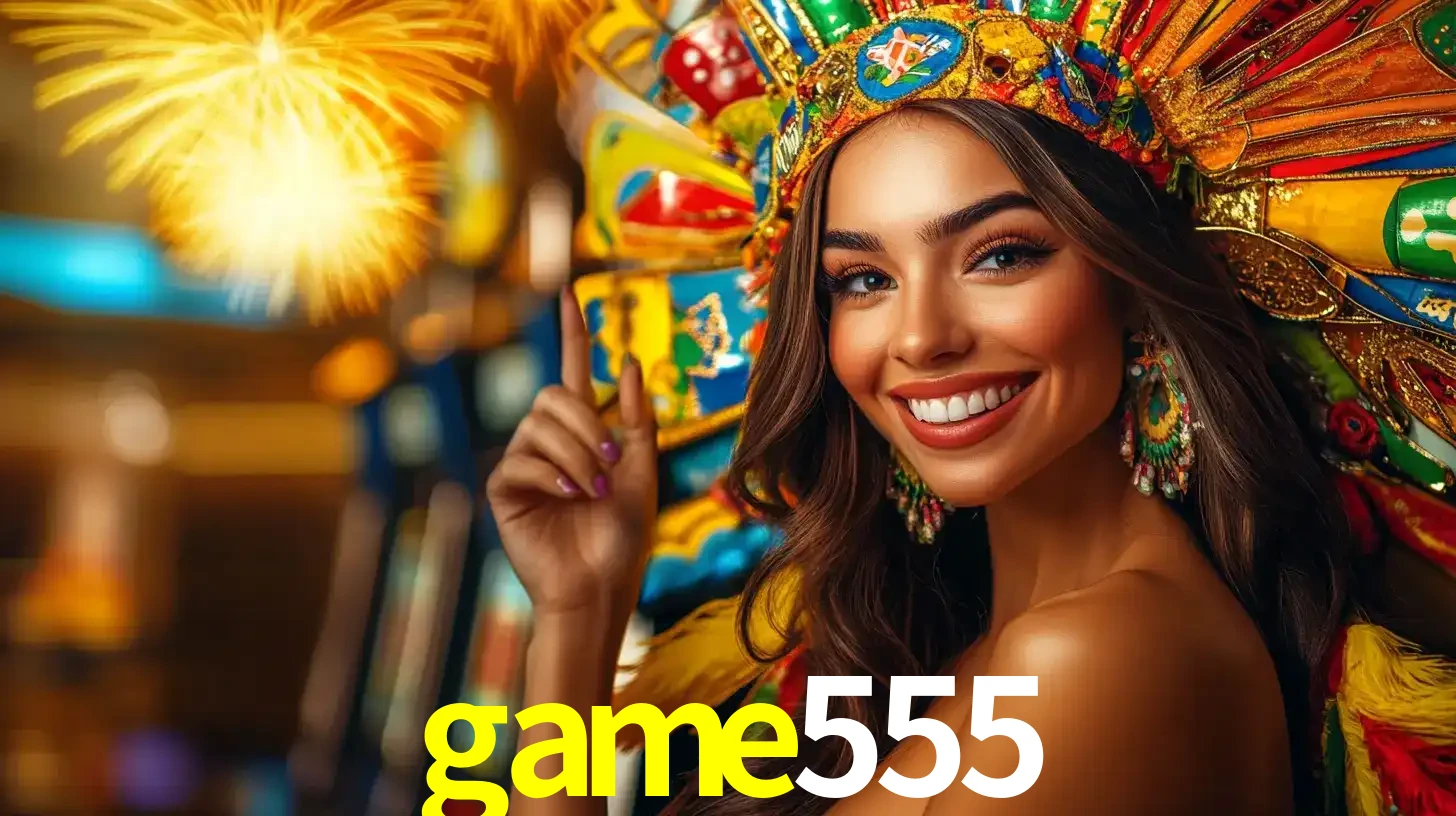 Mulher sorridente com um cocar de carnaval vibrante e colorido, celebrando uma grande vitória nos jogos do cassino game555 com fogos de artifício ao fundo.