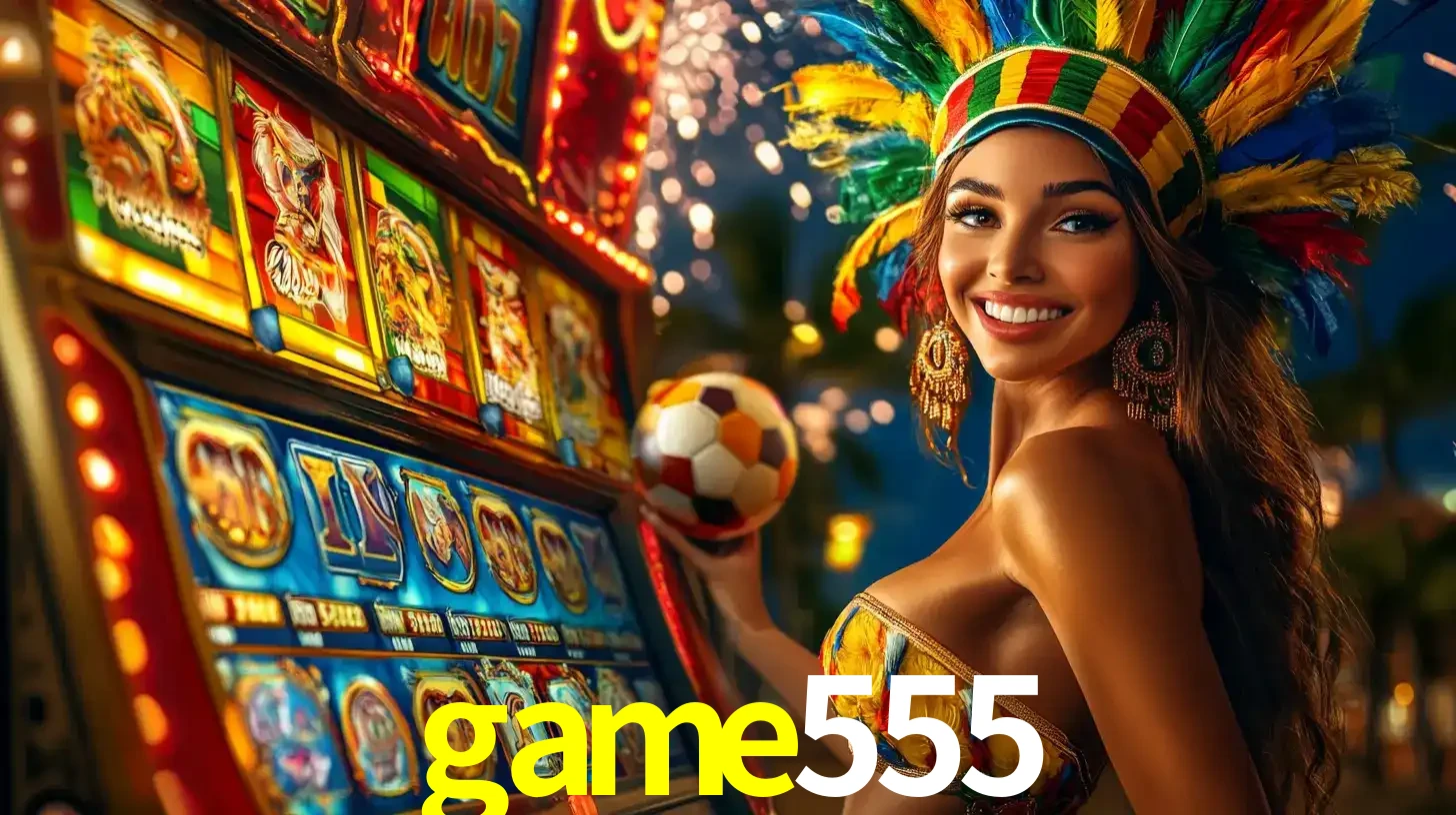 Mulher com um cocar de carnaval ao lado de uma máquina de caça-níqueis enquanto segura uma bola de futebol, mostrando a união da diversão de cassino e esportes no game555.