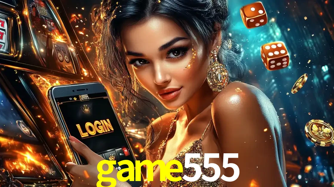 Mulher glamourosa segurando um celular com a tela de login do cassino game555, rodeada por dados e moedas douradas, pronta para começar a diversão.