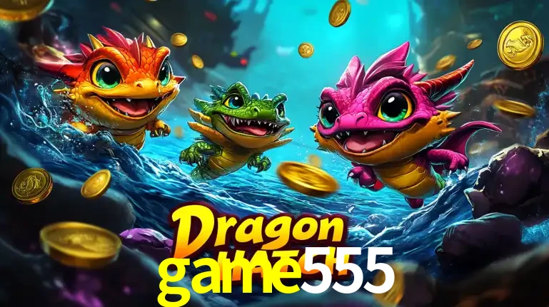Arte promocional do jogo Dragon Hatch com três adoráveis dragões bebês nadando entre moedas de ouro, um dos slots mais divertidos para jogar no cassino game555.