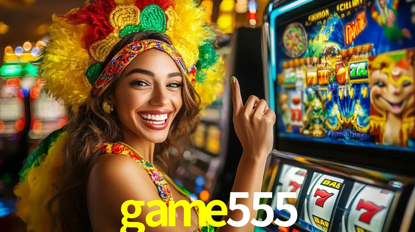 Mulher animada com um cocar de carnaval apontando para uma máquina de caça-níqueis, mostrando a emoção de ganhar um grande prêmio nos jogos do game555.