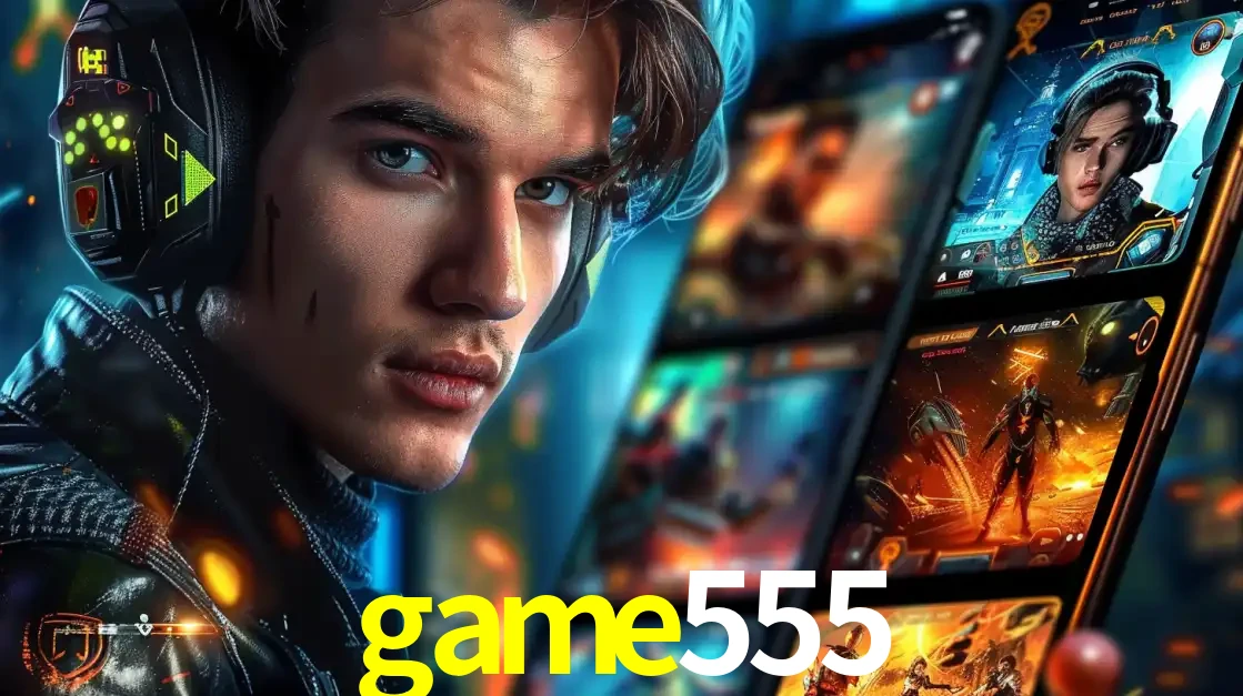 Jovem jogador com fones de ouvido olhando para a câmera, com um aplicativo de jogos e e-sports para celular ao fundo, pronto para a competição e apostas no game555.