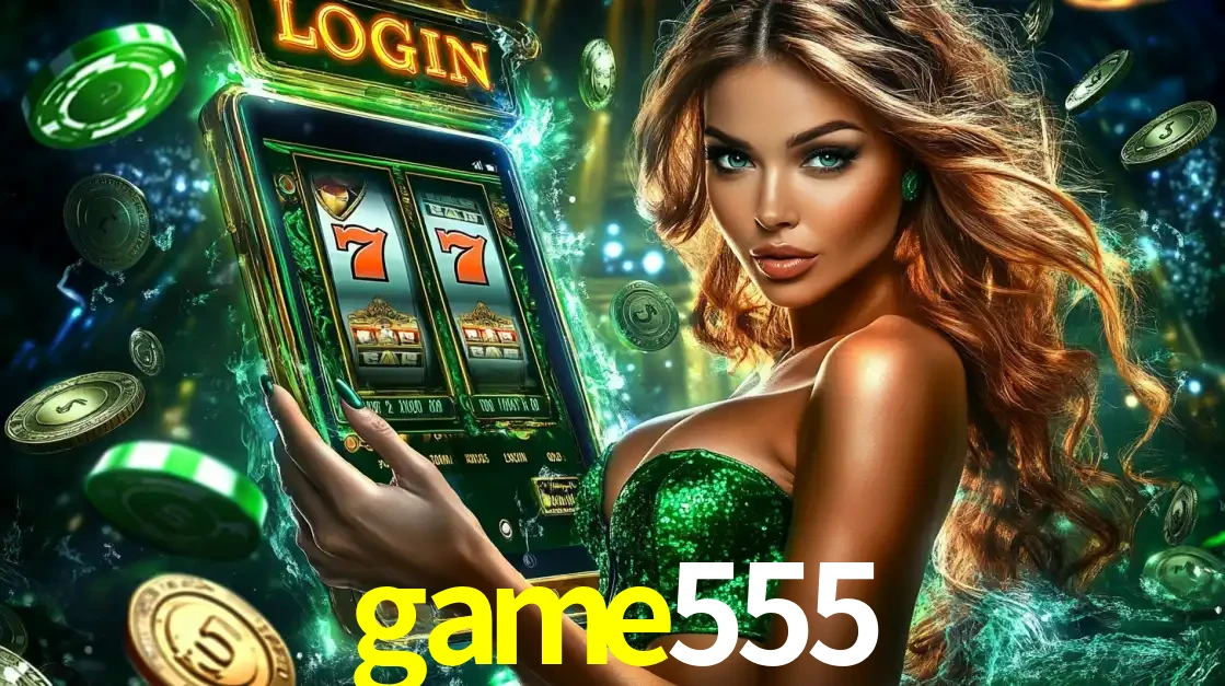 Mulher com tema verde apresentando o aplicativo do cassino game555 com um jogo de slot de 777, cercada por fichas de cassino e uma aura de sorte.