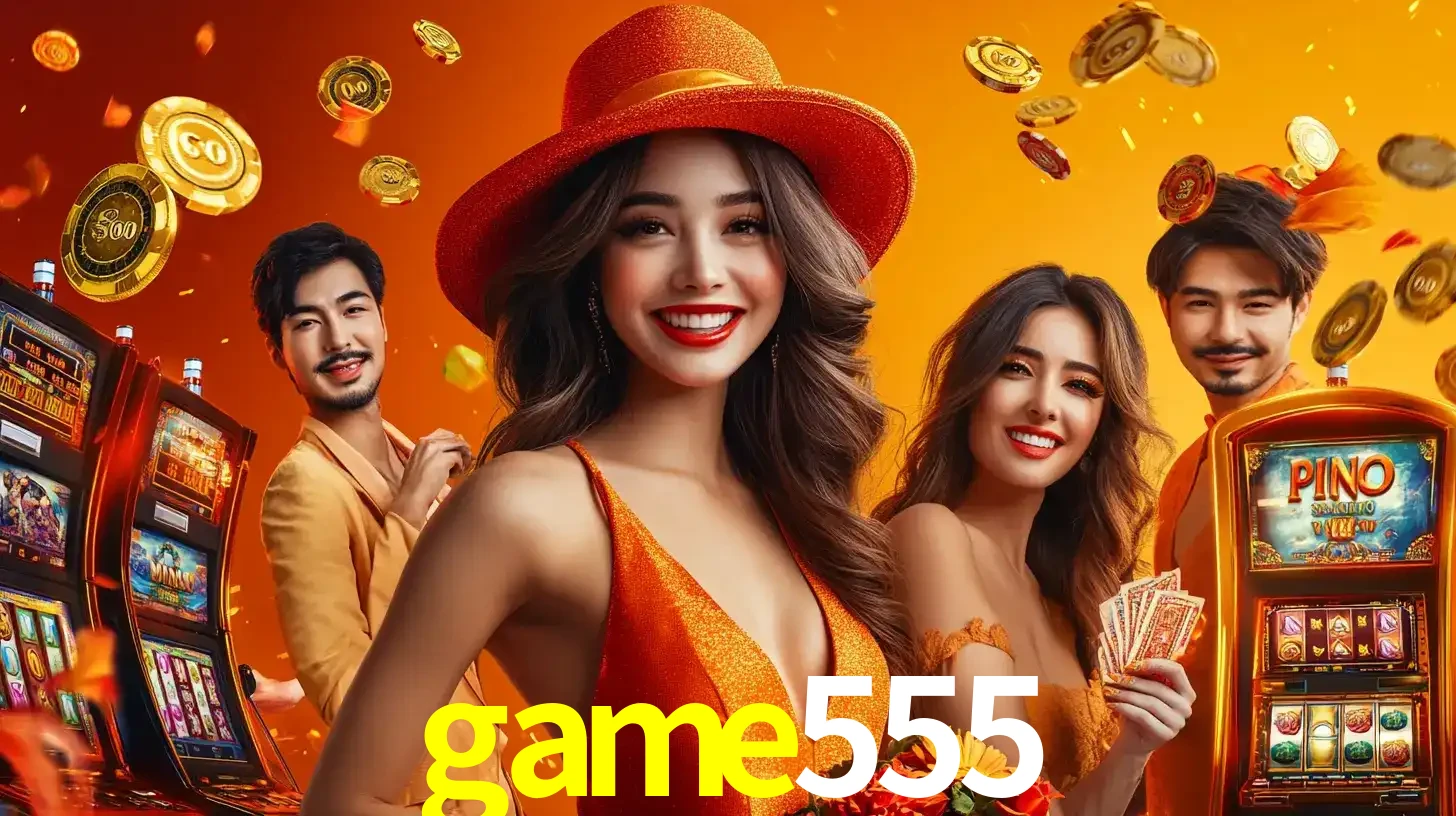 Grupo de amigos asiáticos sorrindo e se divertindo com máquinas de caça-níqueis em um ambiente festivo, celebrando suas vitórias nos jogos de cassino do game555.