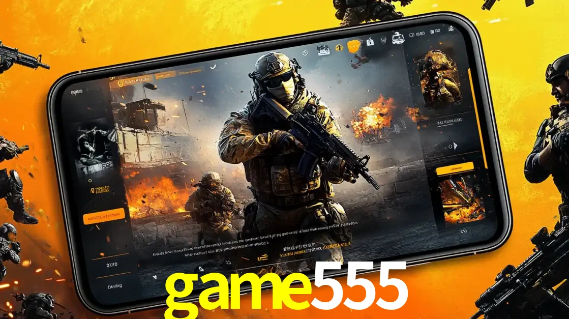 Um smartphone exibindo a interface de um jogo de tiro em primeira pessoa, com um soldado em um cenário de batalha, representando a ação dos e-sports para apostar no game555.