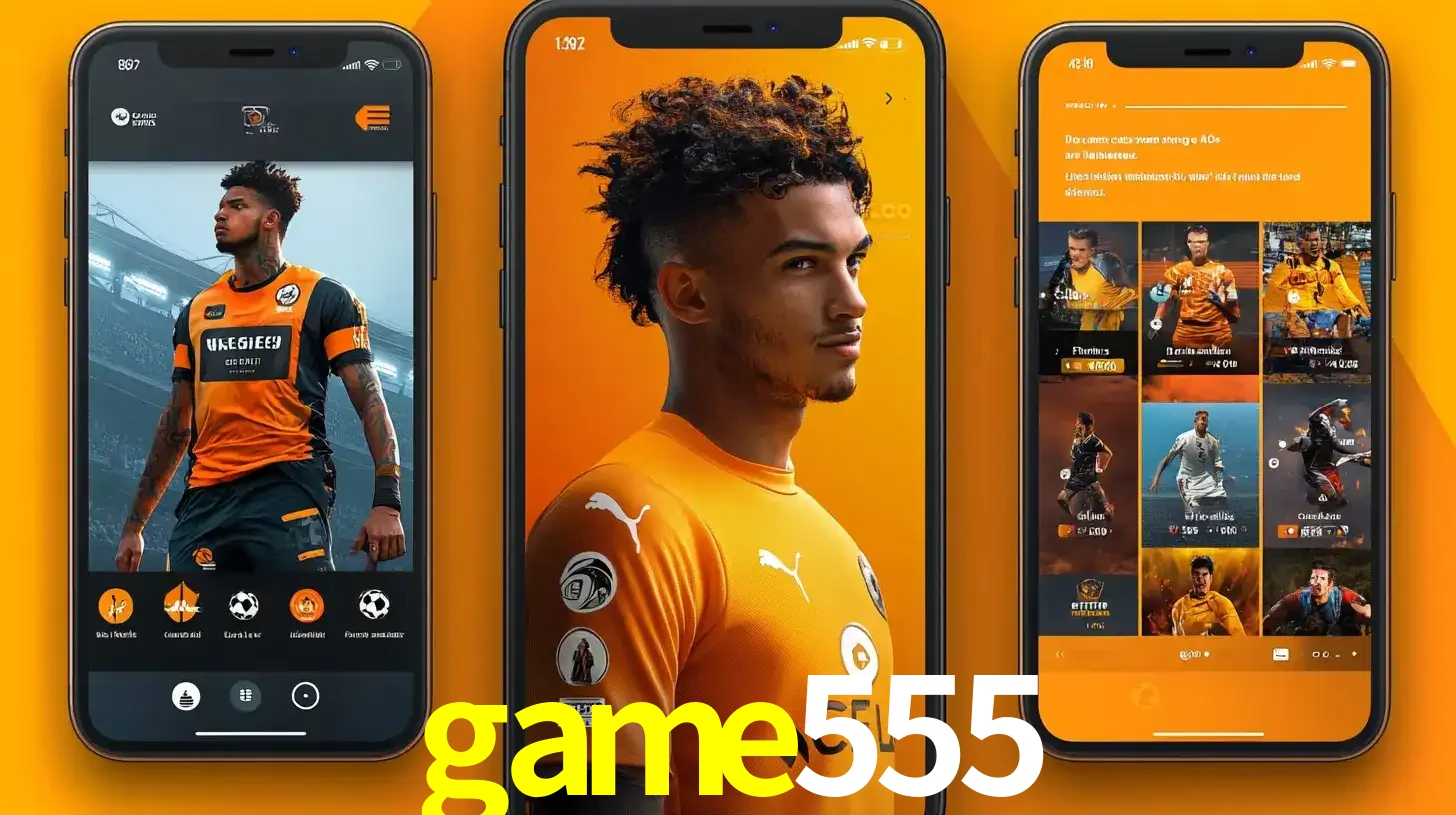 Interface do aplicativo de apostas esportivas game555 em três telas de celular, mostrando o perfil de um jogador de futebol e a lista de jogos disponíveis para apostar.