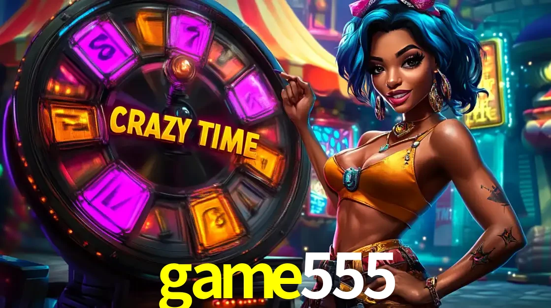 Mulher estilizada com cabelo azul e visual vibrante posando ao lado da roda de prêmios do game show Crazy Time, convidando para a diversão e os bônus do cassino game555.