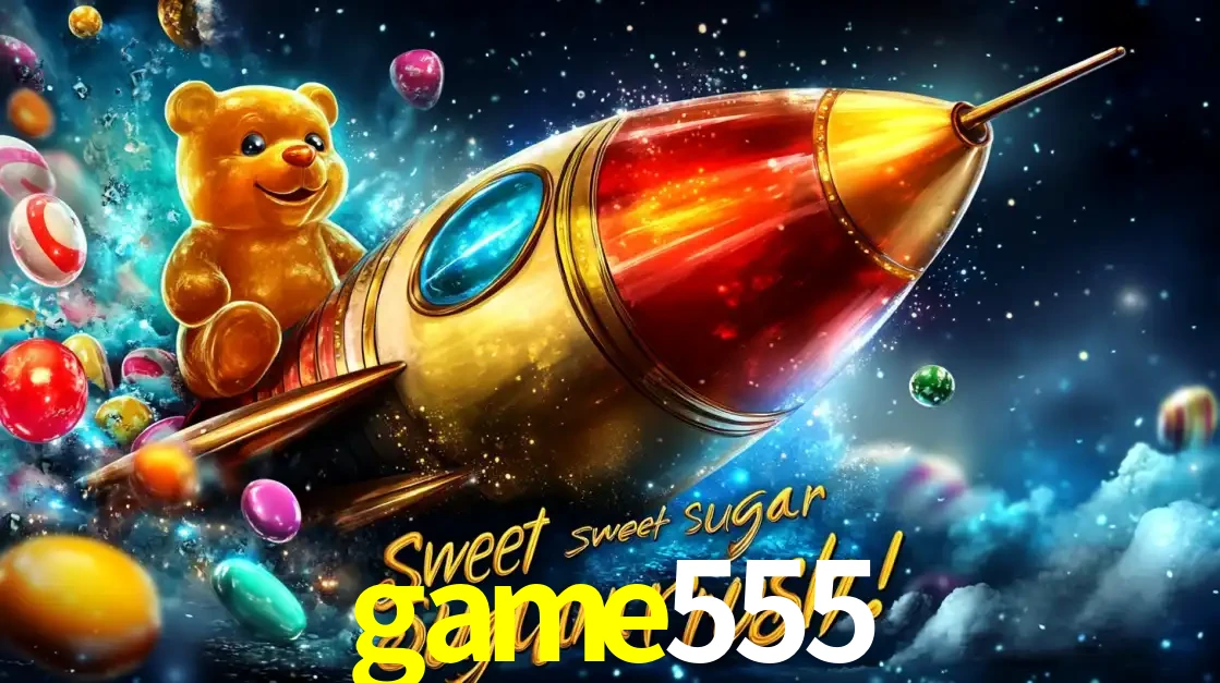 Arte promocional do jogo de slot Sugar Rush, com um urso de pelúcia em um foguete viajando pelo espaço de doces, um dos jogos divertidos disponíveis no cassino game555.