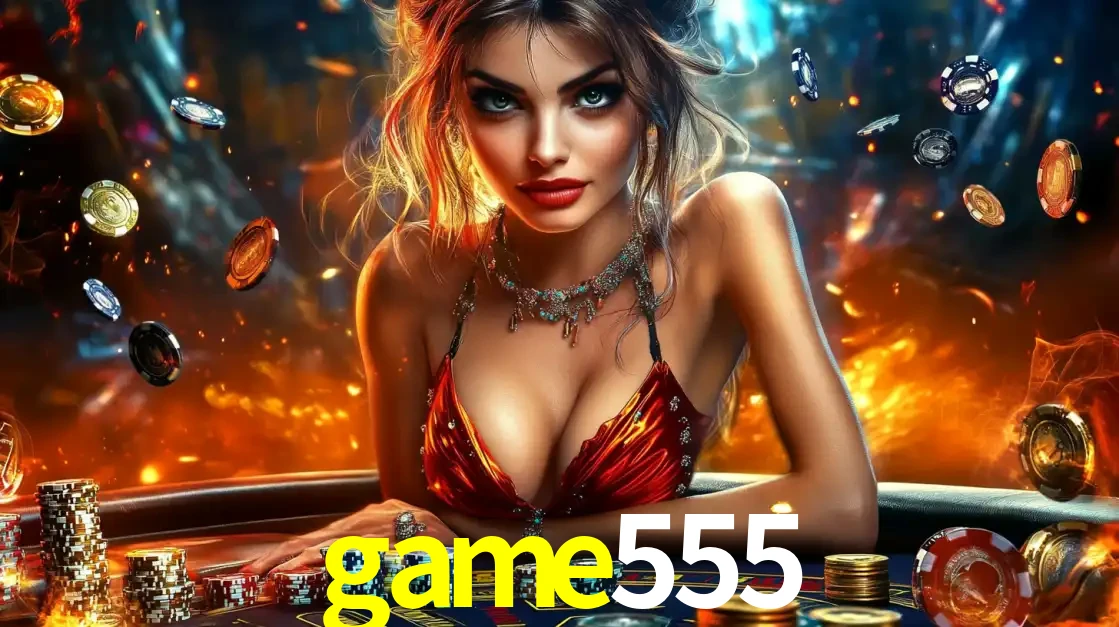 Mulher em uma mesa de cassino com pilhas de fichas e um fundo de fogo, pronta para uma rodada de altas apostas nos jogos de mesa emocionantes do cassino game555.