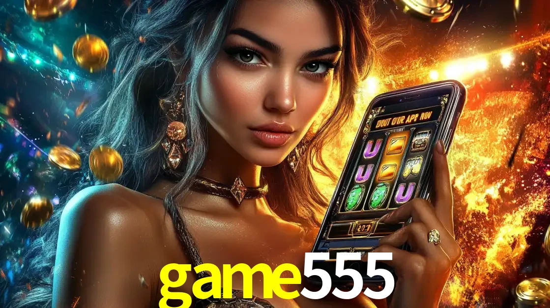 Mulher elegante mostrando um jogo de caça-níqueis em seu smartphone, destacando a experiência de cassino móvel oferecida pelo aplicativo game555.