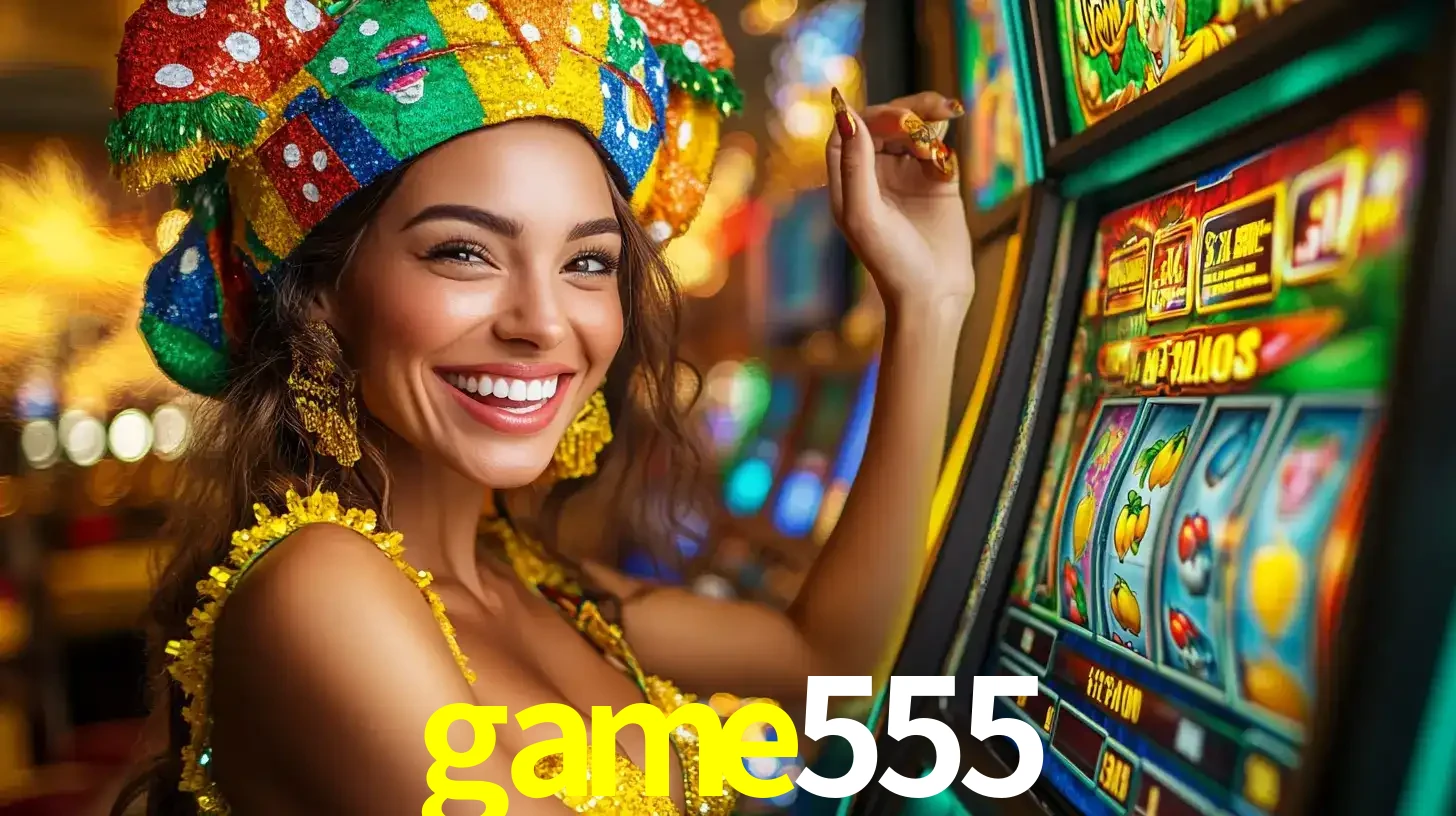 Mulher feliz com traje de carnaval amarelo e colorido ao lado de uma máquina de caça-níqueis, aproveitando a diversão e os jogos temáticos do cassino game555.
