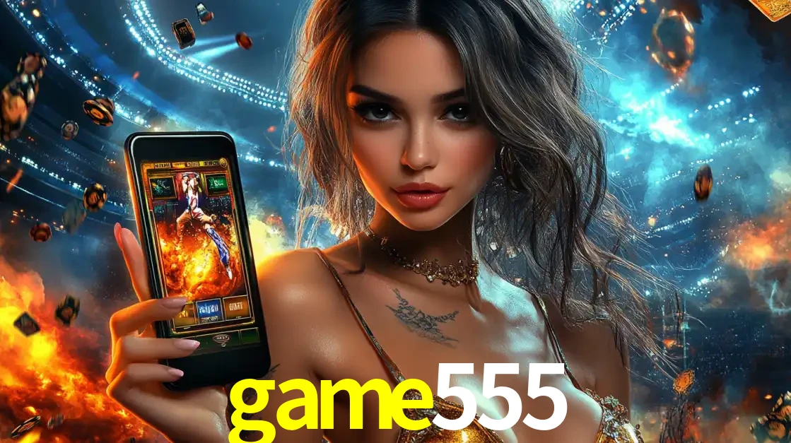 Mulher segurando um celular com um jogo de slot em destaque, tendo como fundo um estádio vibrante, simbolizando a emoção de jogar no cassino móvel game555.