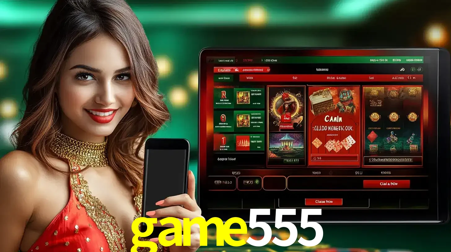 Mulher sorridente segurando um smartphone, ao lado de uma tela exibindo o lobby de jogos do cassino online game555, com várias opções de jogos de cartas e slots.
